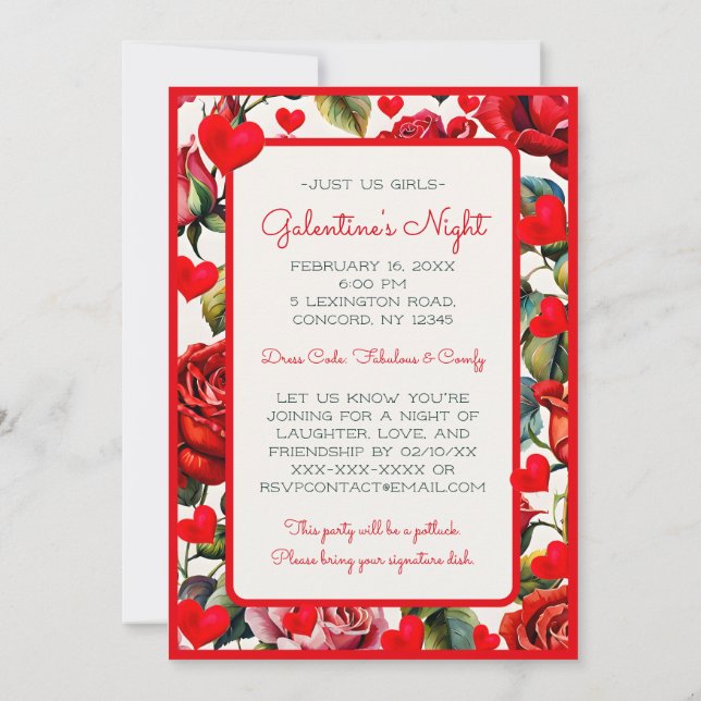 Rosas y corazones Invitación de Galentine a la fie (Reverso)