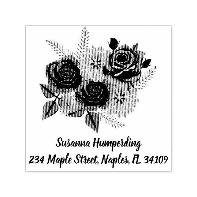 Rosas y Dahlias autograbando sello con dirección (Diseño)