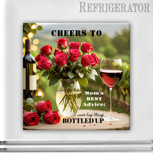 Rosas y el divertido imán de mamá del vino rojo (Magnet featuring red wine and roses with your custom funny or other texts - nice for Mom or Grandma)
