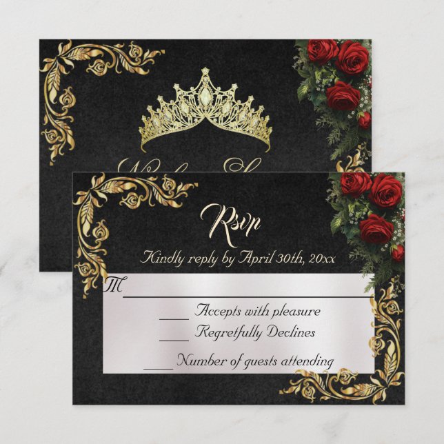 Rosas y hojas de oro - RSVP negro (Anverso / Reverso)