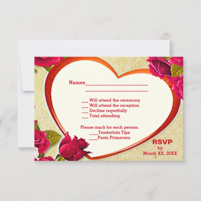 Rosas y tarjeta postal del marco del corazón RSVP  (Anverso)