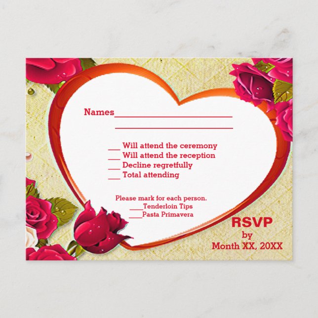 Rosas y tarjeta postal del marco del corazón RSVP  (Anverso)