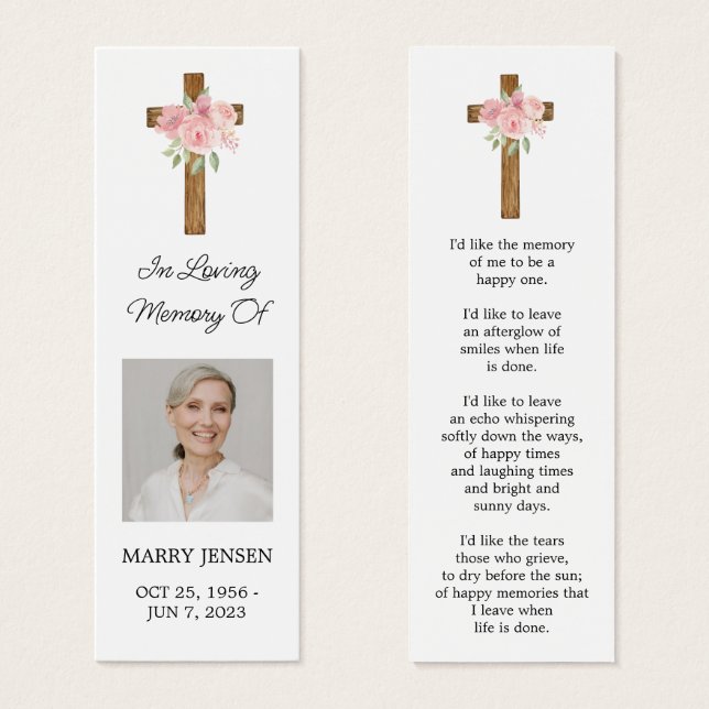 Rose Cross Photo Funeral Bookmark (Anverso y reverso)