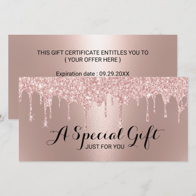 Rose Gold Glitter Drips Salon Gift Certificates (Anverso / Reverso)