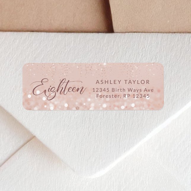 Rose Gold Glitter Etiqueta de Dirección de Cumplea (Rose Gold Glitter 18th Birthday Return Address Label)