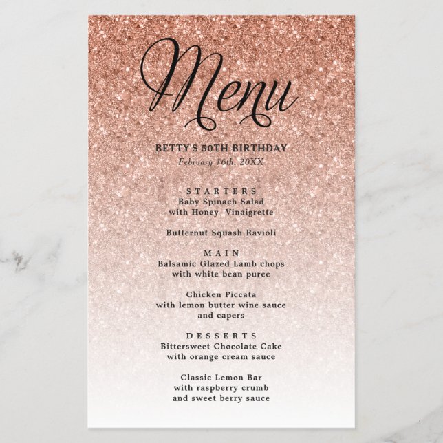Rose Gold Glitter Party Menu (Frente)