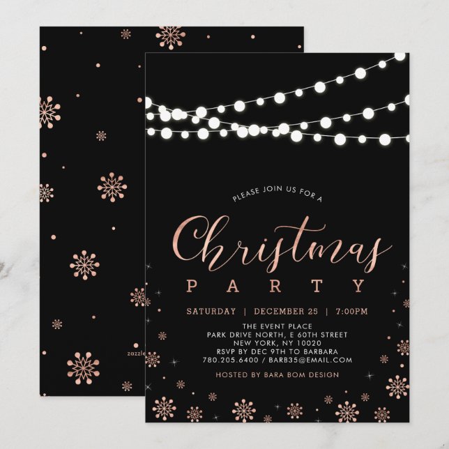 Rose Gold y Negro | Luces de Cadena Invitación de  (Anverso / Reverso)
