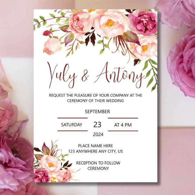 Rose template Invitación para boda floral acuarela (Tarjeta acuarela de rosas )