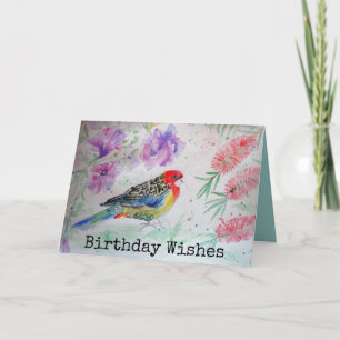 Rosella Parrot con tarjeta de cumpleaños del cepil