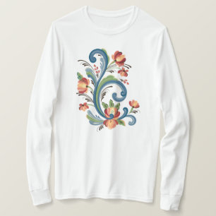 Rosemaling en camiseta azul y roja