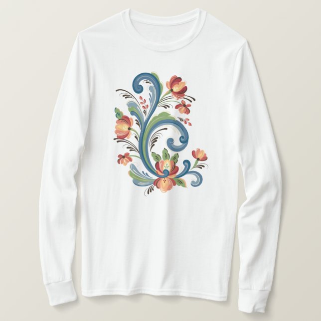 Rosemaling en camiseta azul y roja (Anverso del diseño)