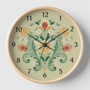 Rosemaling en el reloj verde y oro