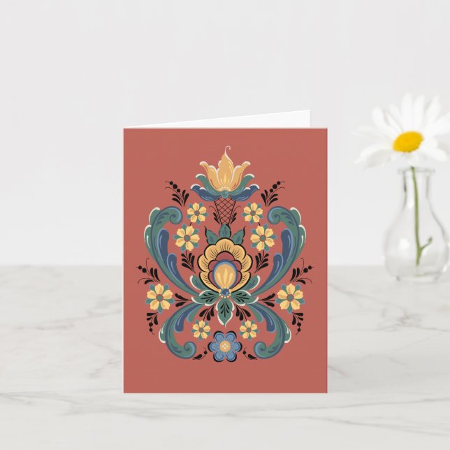 Rosemaling en tarjeta de saludo rojo y oro (Planta pequeña)