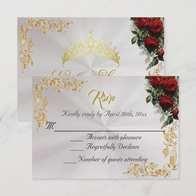 Roses & Gold Leaves - Pearl White RSVP (Anverso / Reverso)