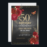 Roses rojos elegantes 50 cumpleaños Invitación<br><div class="desc">Elegante confeti de oro de Faux destaca en el borde superior e inferior. Rosas rojas profundas brillantes con acentos florales dorados. Todo el texto es ajustable y fácil de cambiar para sus propias necesidades fiestas. Gran diseño elegante de plantilla de 50 años.</div>