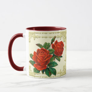 Roses rojos victorianos marco dorado café taza