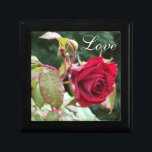 Roses rojos y caja de trinquete de aniversario de<br><div class="desc">Esta caja de joyas de personalizable tiene un montón de rosas rojas mojadas, y la palabra "Amor" en ella, lo que la convertiría en un boda ideal o caja de regalo para el aniversario para guardar un regalo especial, o que fuera el regalo en sí mismo para que alguien especial...</div>