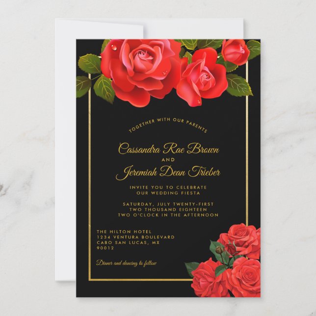Roses rojos y la invitación a la boda formal negra (Anverso)