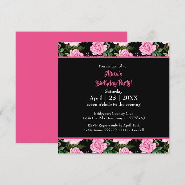 Roses rosados negros modernos Feliz cumpleaños (Anverso / Reverso)