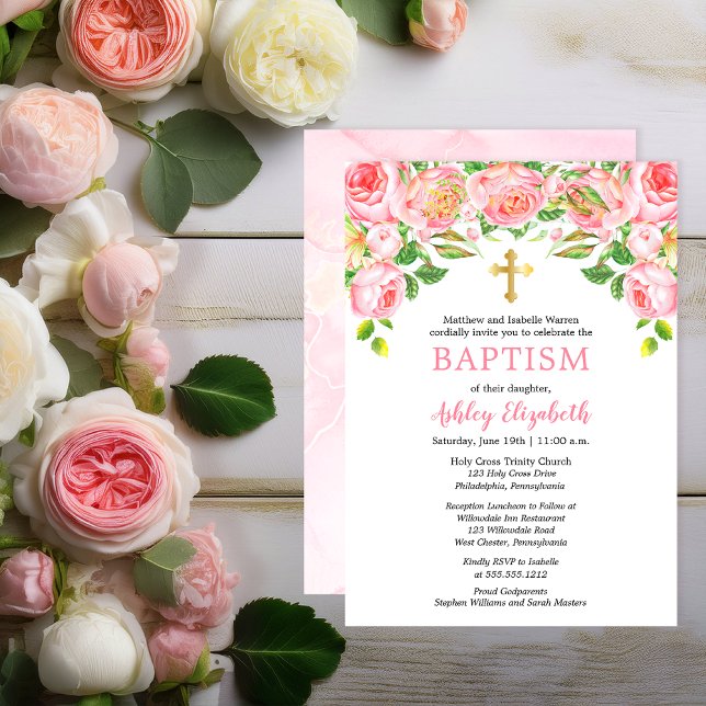 Roses rosas rosas acuarelas Invitación al bautismo (Elegant Pink Roses Gold Tone Trinity Cross Watercolor Girl Baptism Invitation - Print | Digital )