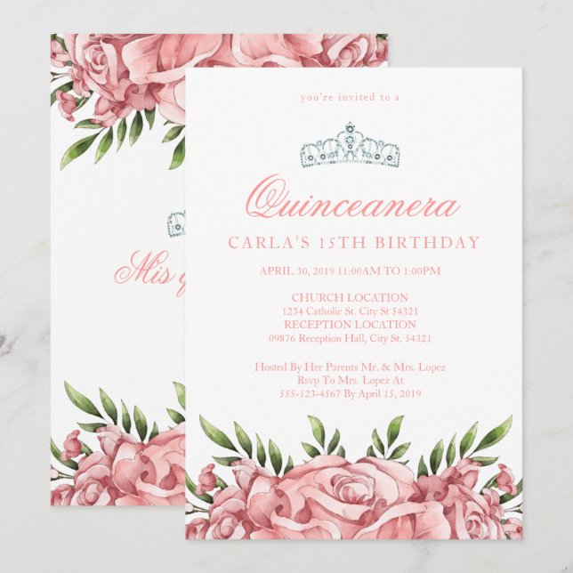 Roses rosas Rubor | Invitaciones Quinceanera (Anverso / Reverso)