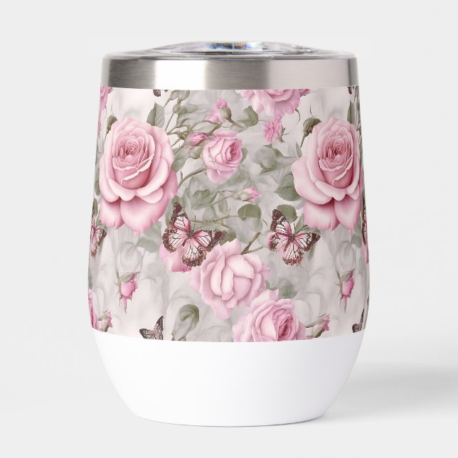 Roses rosas y mariposas color de agua (Frente)