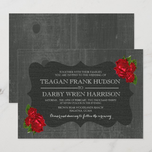 Roses Roses Roses Burlap Wood Invitaciones a la Bo (Anverso / Reverso)
