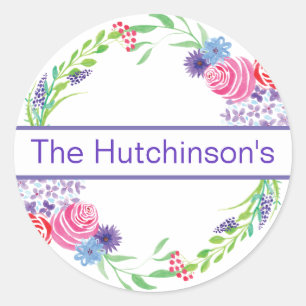Rosey Purple Floral Wreath Name Round Pegatinas