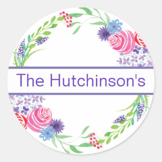 Rosey Purple Floral Wreath Name Round Pegatinas