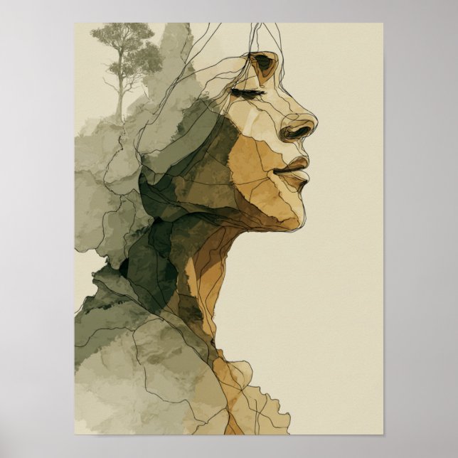 Rostro de mujer abstracto Arte lineal boho neutral (Frente)