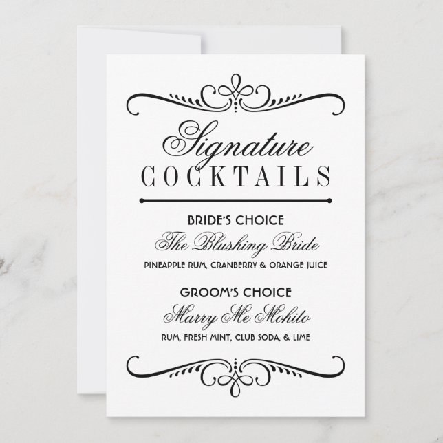 Rótulo clásico de cócteles con firma en blanco y n (Anverso)