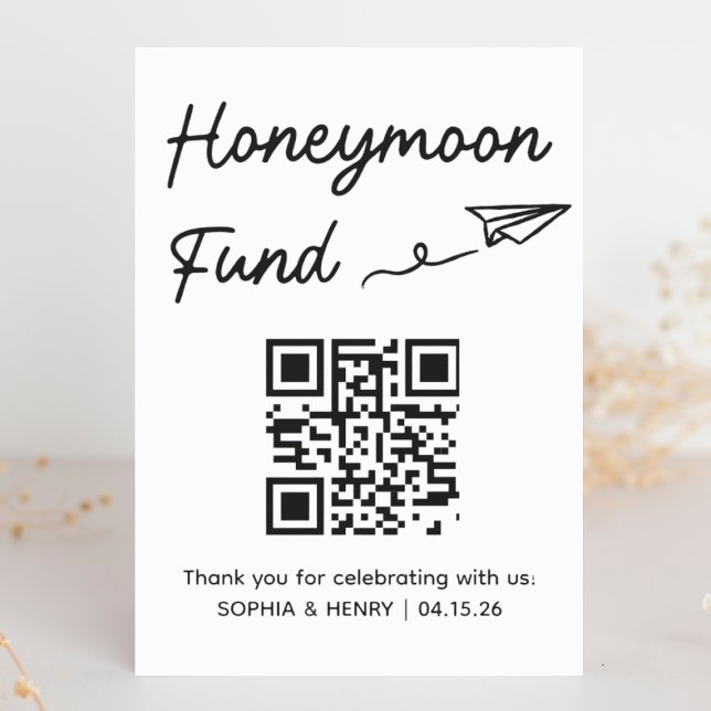 Rótulo de Boda de código QR del Fondo de Luna de M (This sleek, minimal honeymoon fund sign with a QR code is perfect for modern tech-savvy weddings.)