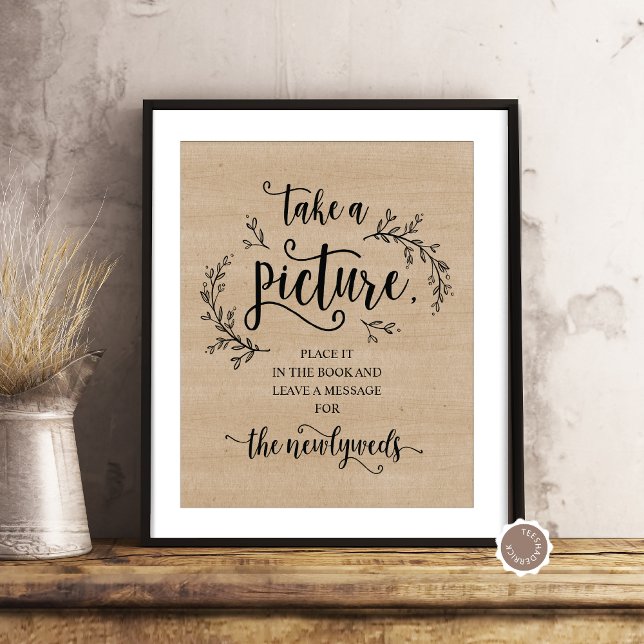 Rótulo de fotografía del libro de visitas Rustic V (Take A Picture, Rustic Wedding Poster in Vines Eucalyptus Illustration Brown Cottage Wood Background)