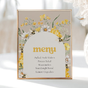 Rótulo de menú de abejas con flores silvestres imp