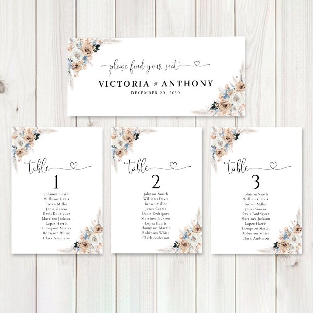 Rótulo De Mesa De Boda Floral De Boho Marfil Y Azu (Subido por el creador)