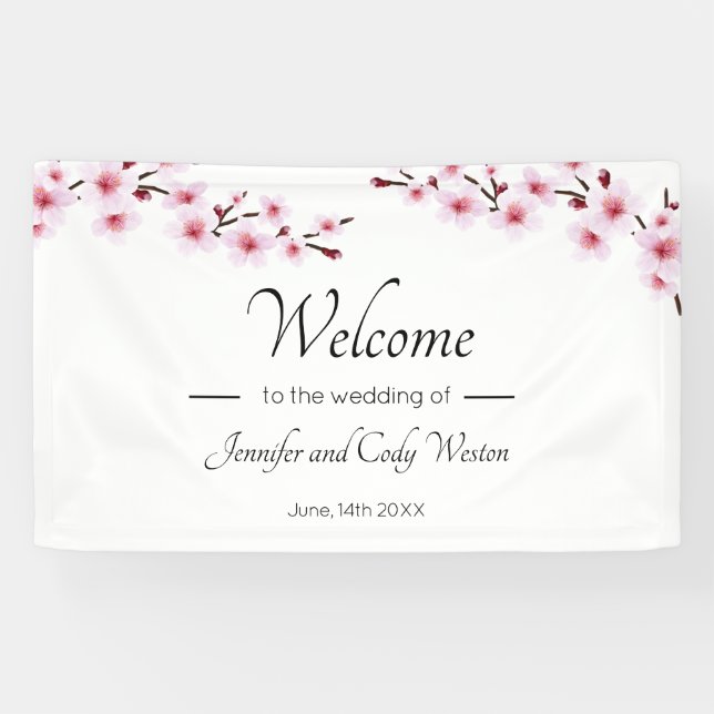 Rótulo de pancarta Boda de flores de cerezo rosa (Horizontal)