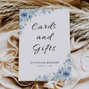 Rótulo de tarjetas de boda azul y regalos,