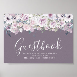 Rótulo del libro de visitas de Boda morado floral