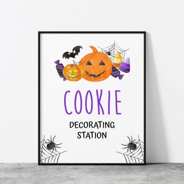 Rótulo Fiesta de la estación de decoración de cook (Cookie Decorating Station Halloween Party Sign, Spooky Purple & Orange)