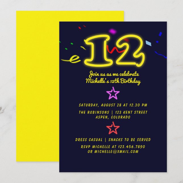 Rótulo Neon 12ª Invitación a la fiesta de cumpleañ (Anverso / Reverso)