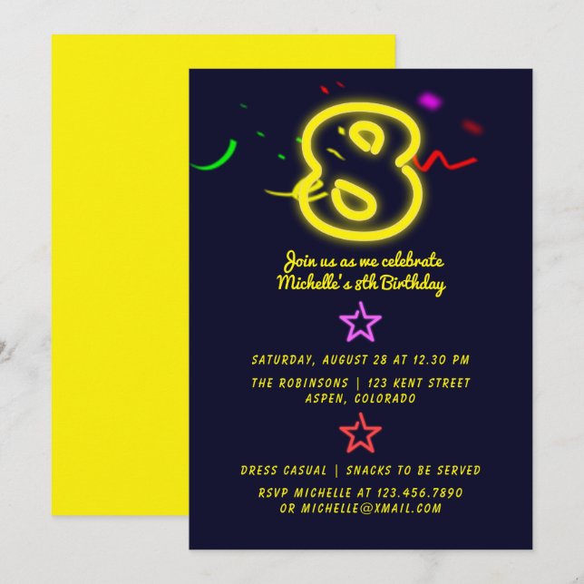 Rótulo Neon Invitación a la Fiesta de Cumpleaños O (Anverso / Reverso)