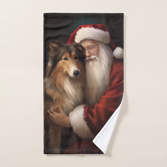 Rough Collie Con Navidades festivos de Santa Claus (Toalla de mano)