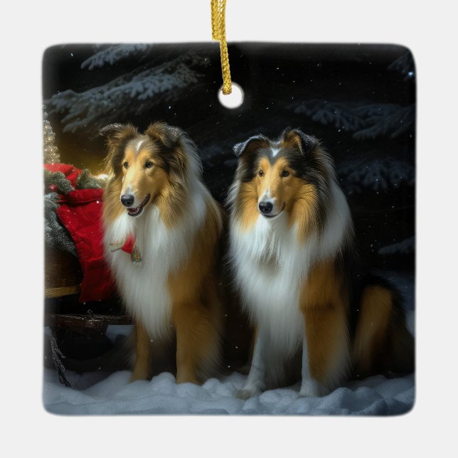 Rough Collie Snowy Sleigh Navidades Decoración (Anverso)