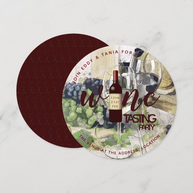 ROUND Wine Tasting Party Invitaciones a acuarela (Anverso / Reverso)