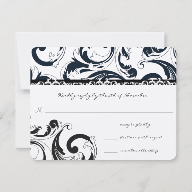 Royal Black Swirls Wedding RSVP (Reverso)