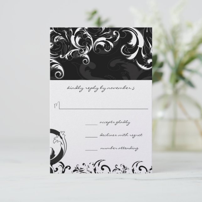 Royal Black Swirls Wedding RSVP (Anverso de pie)