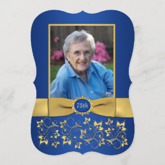 Royal Blue and Gold 75th Photo Birthday Invitación