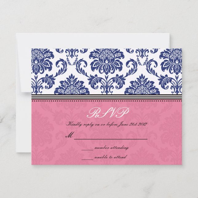 Royal Blue and Pink Damask Wedding RSVP (Anverso)