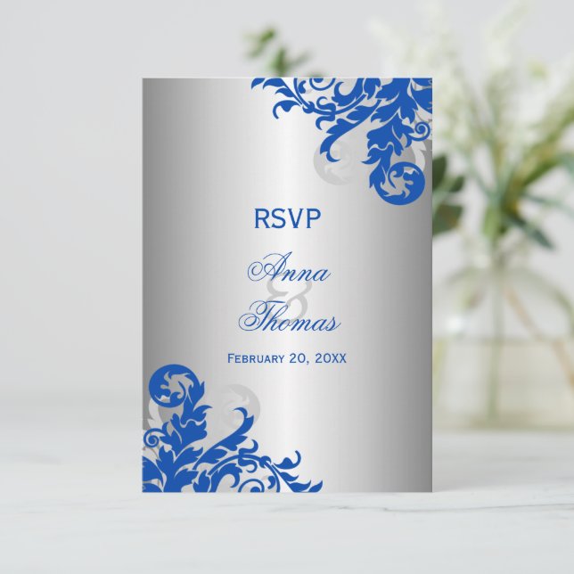 Royal Blue and Silver Flourish Wedding RSVP (Anverso de pie)