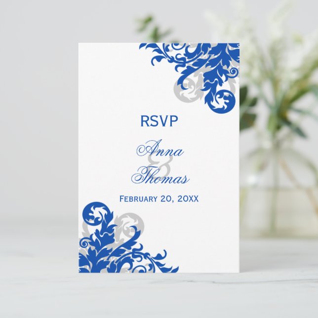 Royal Blue and Silver Flourish Wedding RSVP (Anverso de pie)